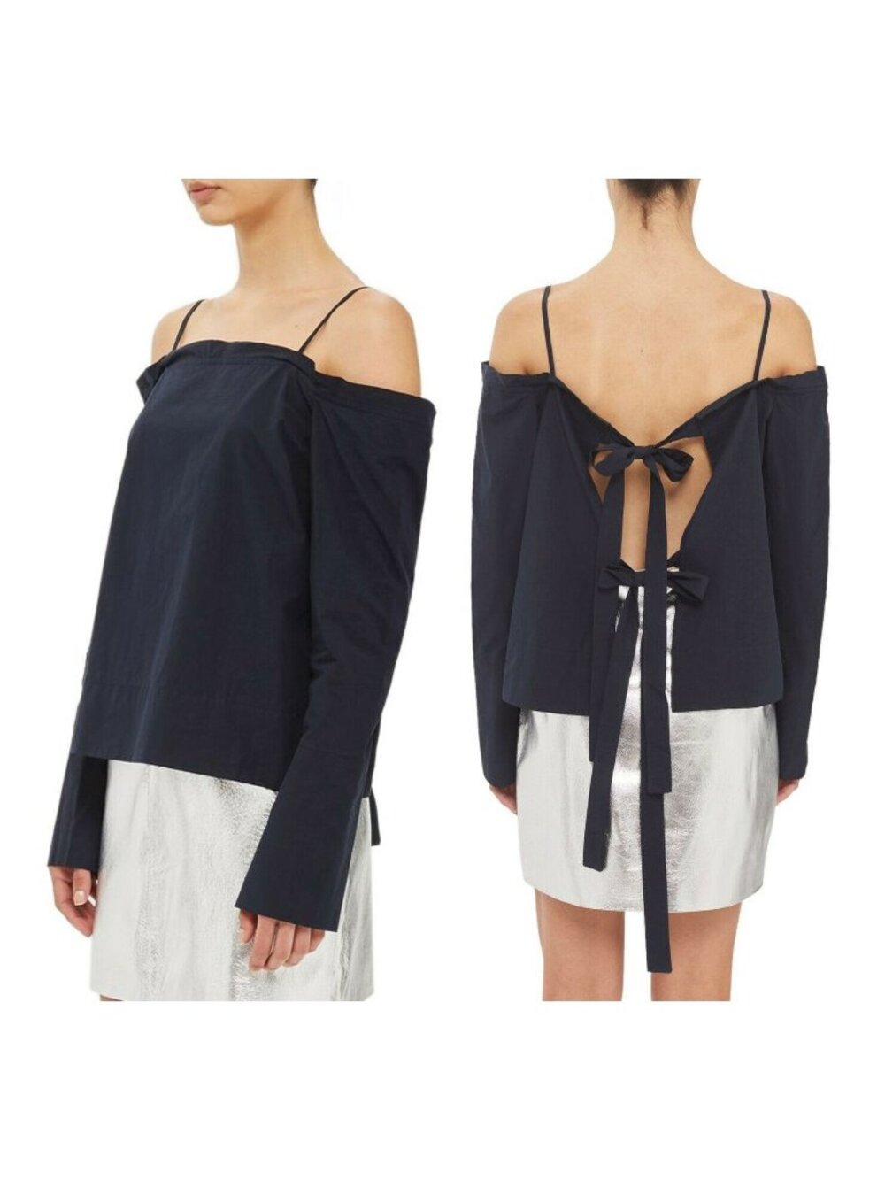 TOPSHOP Tie Back Cold Shoulder Long Sleeve Cotton Top Blouse BLUE Size 38, US 6